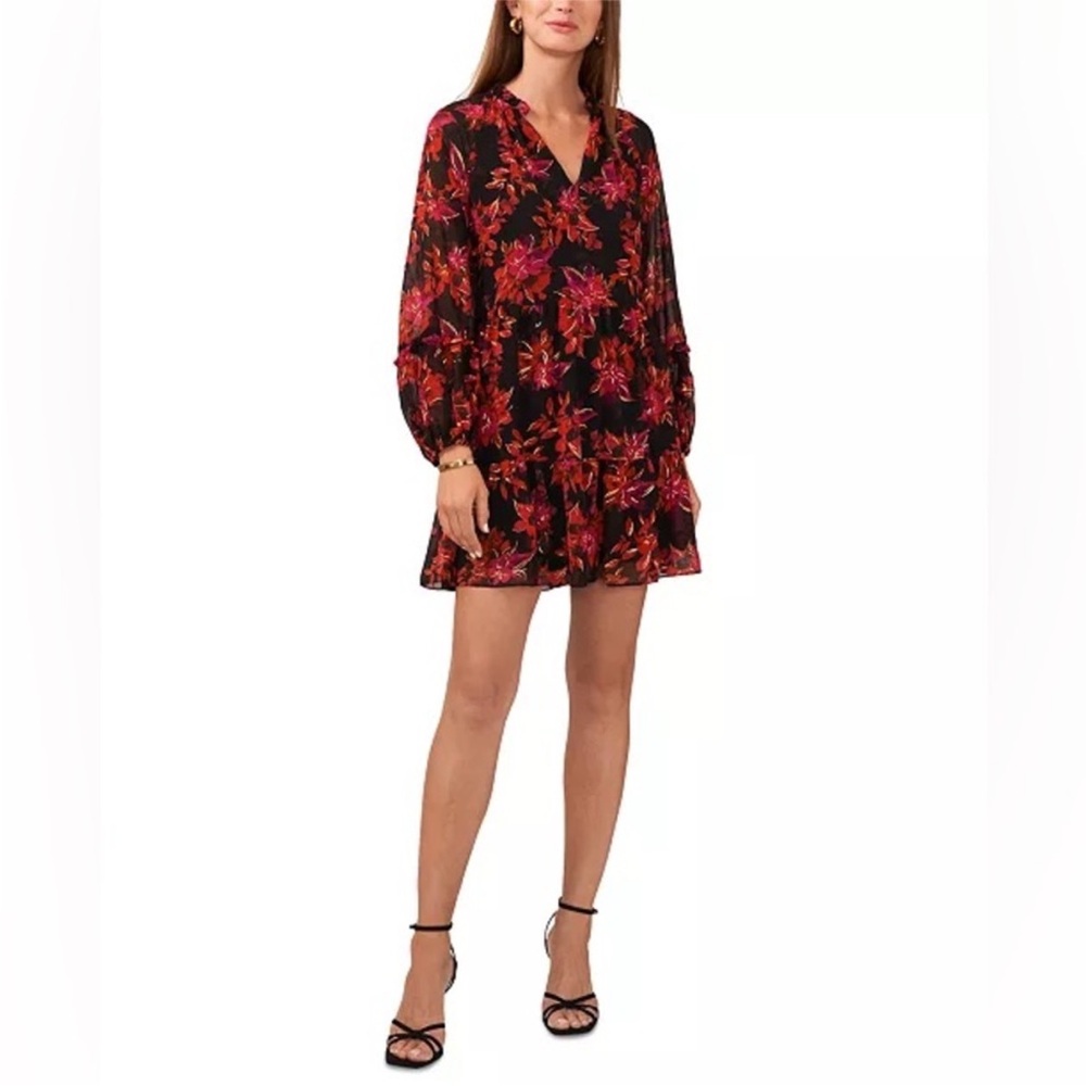 Vince Camuto Split-Neck Floral tropical Chiffon Long-Sleeve Babydoll Mini Small